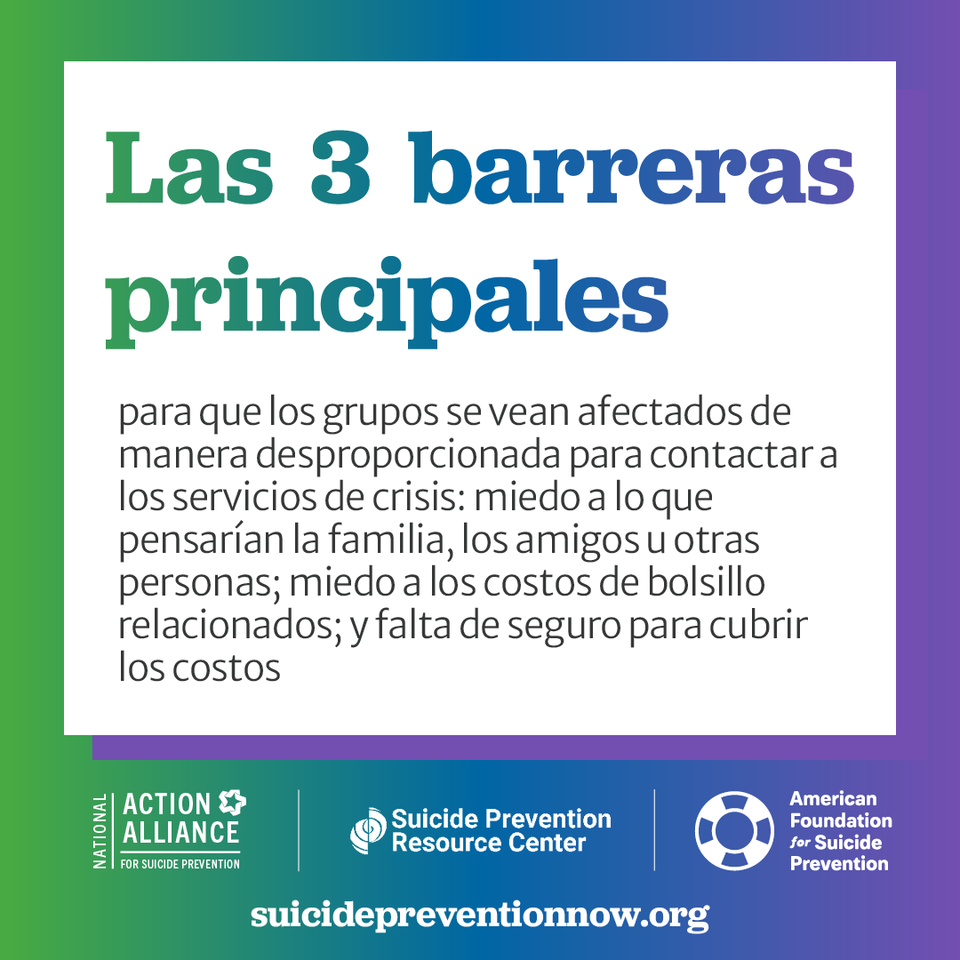 Las 3 barreras principales para que los grupos se vean afectados de manera desproporcionada para contactar a los servicios de crisis: miedo a lo que pensarían la familia, los amigos u otras personas; miedo a los costos de bolsillo relacionados; y falta de seguro para cubrir los costos